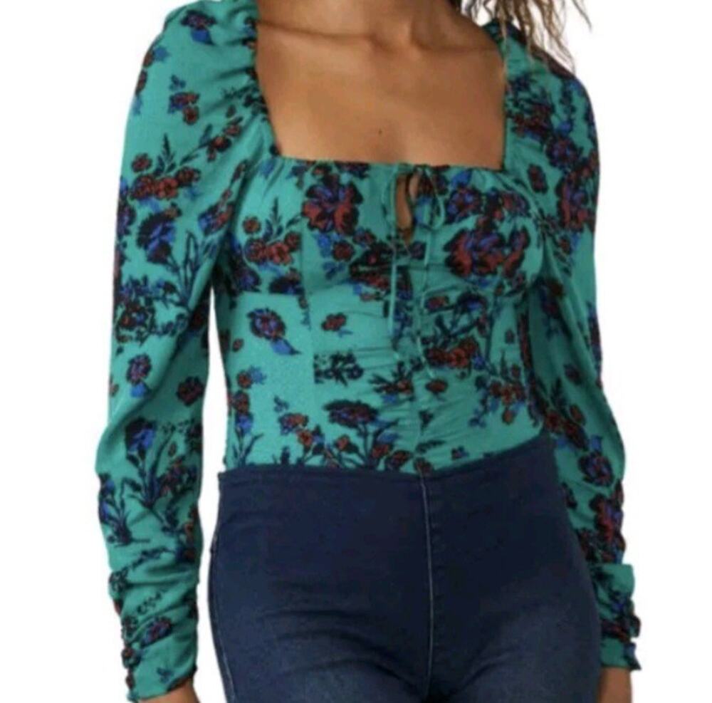 Free People Hilary Printed Top Green Floral Square Neck Ruched Back Large